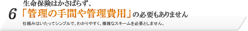 6.生命保険はかさばらず、「管理の手間や管理費用」の必要もありません。仕組みはいたってシンプルで、わかりやすく、複雑なスキームを必要としません。