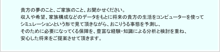 貴方の夢のこと、ご家族のこと。お聞かせください。
				収入や希望、家族構成などのデータをもとに将来の貴方の生活をコンピューターを使って
				シミュレーションという形で見て頂きながら、おこりうる事態を予測し、
				そのために必要となってくる保障を、豊富な経験・知識による分析と検討を重ね、
				安心した将来をご提案させて頂きます。