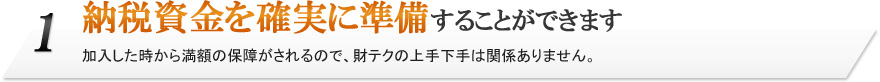 1.納税資金を確実に準備することができます。加入した時から満額の保障がされるので、財テクの上手下手は関係ありません。